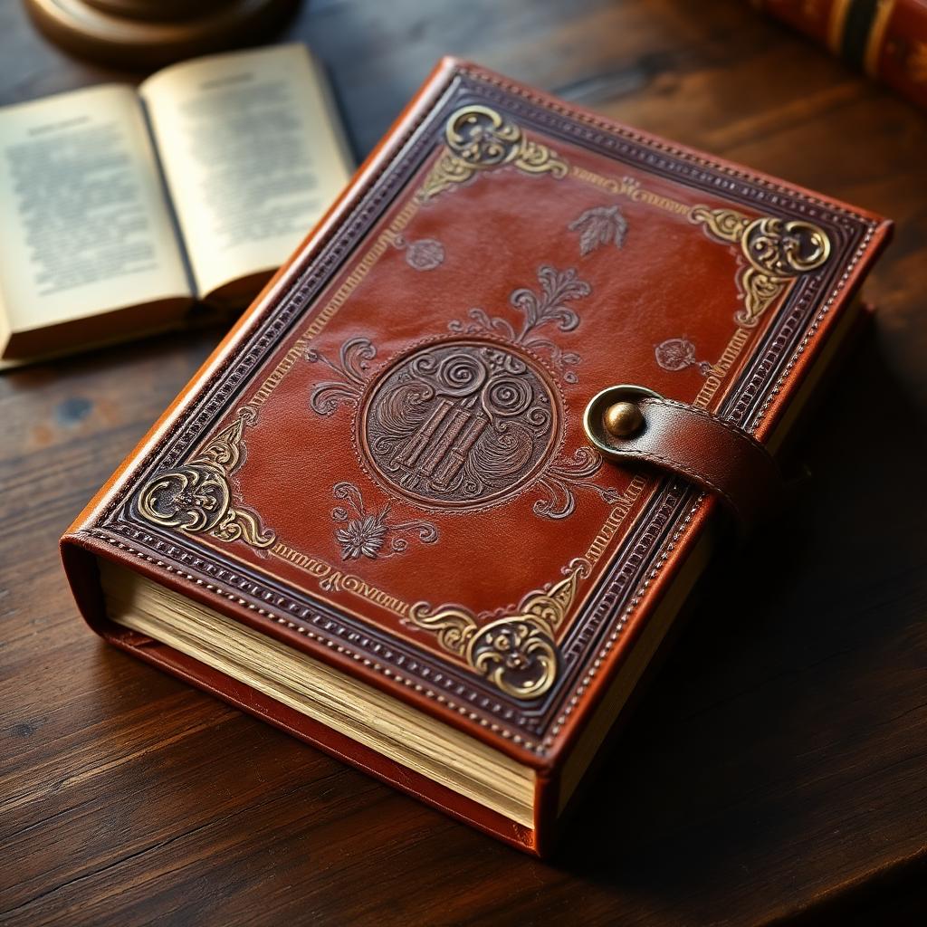 Antique leather diary resting on a wooden desk